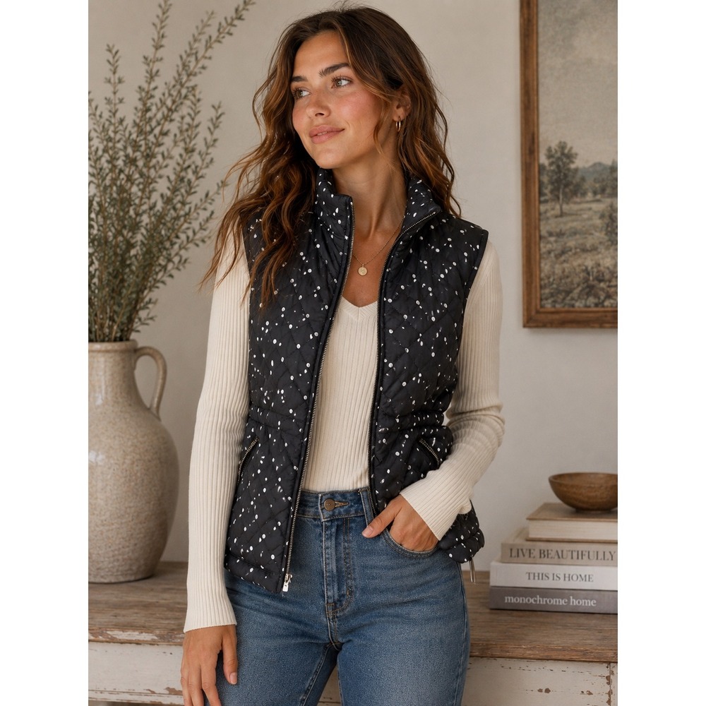 Talbots Womens Black Polka Dot Quilted Puffer Vest Zip Up Size L